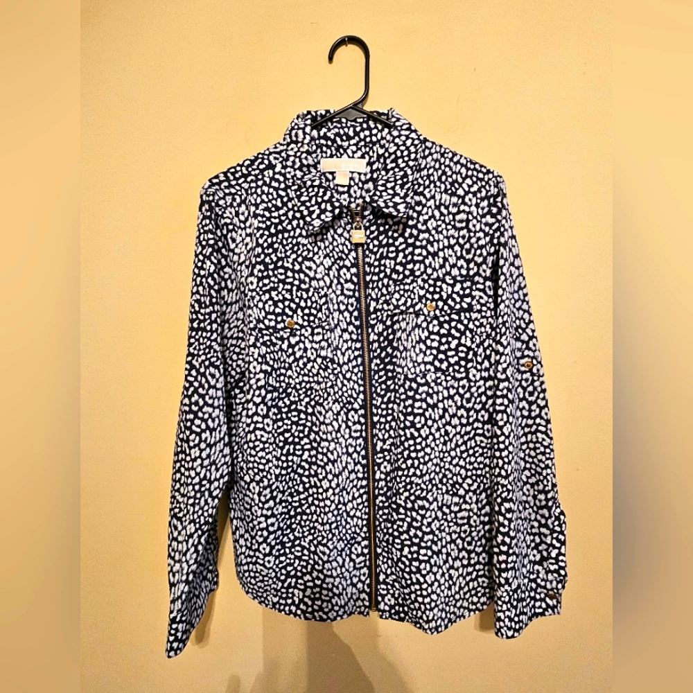 Michael Kors Navy Blue & White Cheetah Print Front Zipper Blouse